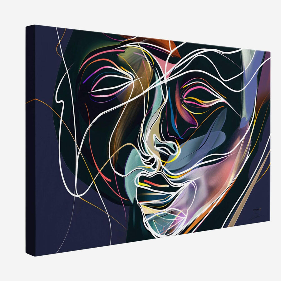 Toile unique Effigye 'Résonance Éthérée'. Art numérique abstrait, style onirique aux formes fluides et couleurs vibrantes, création Effigye fusion art et IA, sur fond blanc.
