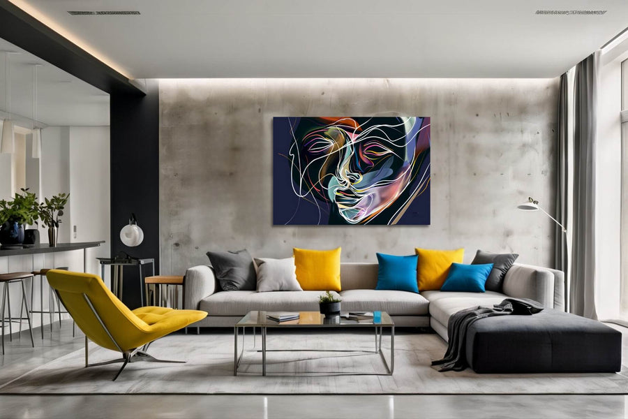 Œuvre d'art Effigye au style onirique, avec des formes fluides et dynamiques, accrochée au mur d'un salon contemporain. 



