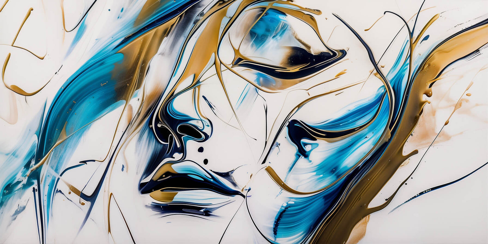 Œuvre d'art Effigye 'Visage Énigmatique'. Peinture abstraite au style onirique, formes fluides bleues et or, création Effigye fusion art et IA.