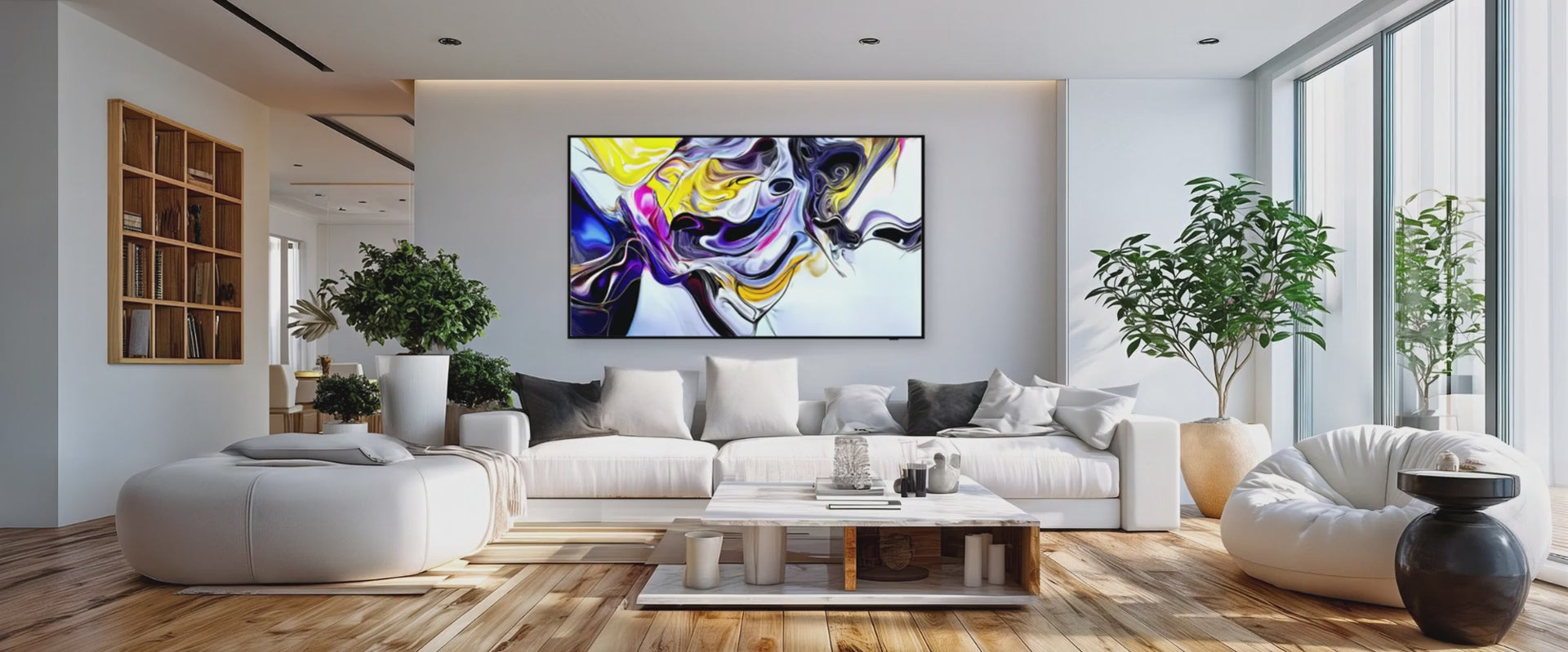 Transformez votre salon en galerie d'art vivante avec une vidéo immersive Effigye sur votre téléviseur. Une métamorphose visuelle hypnotique  de formes fluides et de couleurs vibrantes  pour une ambiance unique et apaisante.



