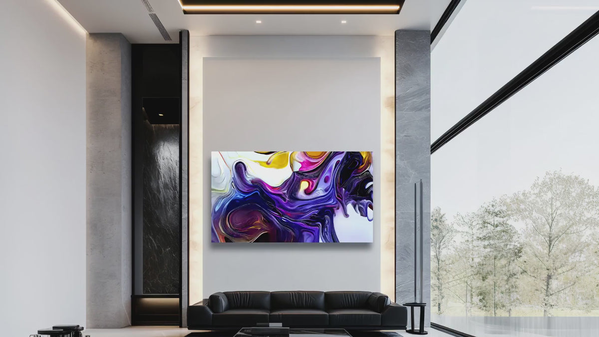 Montage vidéo Effigye : œuvre d'art immersive en mouvement sur TV, sublimant divers styles de salons contemporains et design.