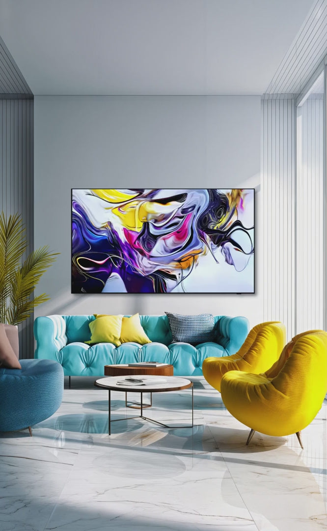 Œuvre d'art vidéo immersive par Effigye. Animation hypnotique de visages oniriques et de formes organiques aux couleurs vibrantes. Une expérience visuelle pour transformer votre intérieur.

